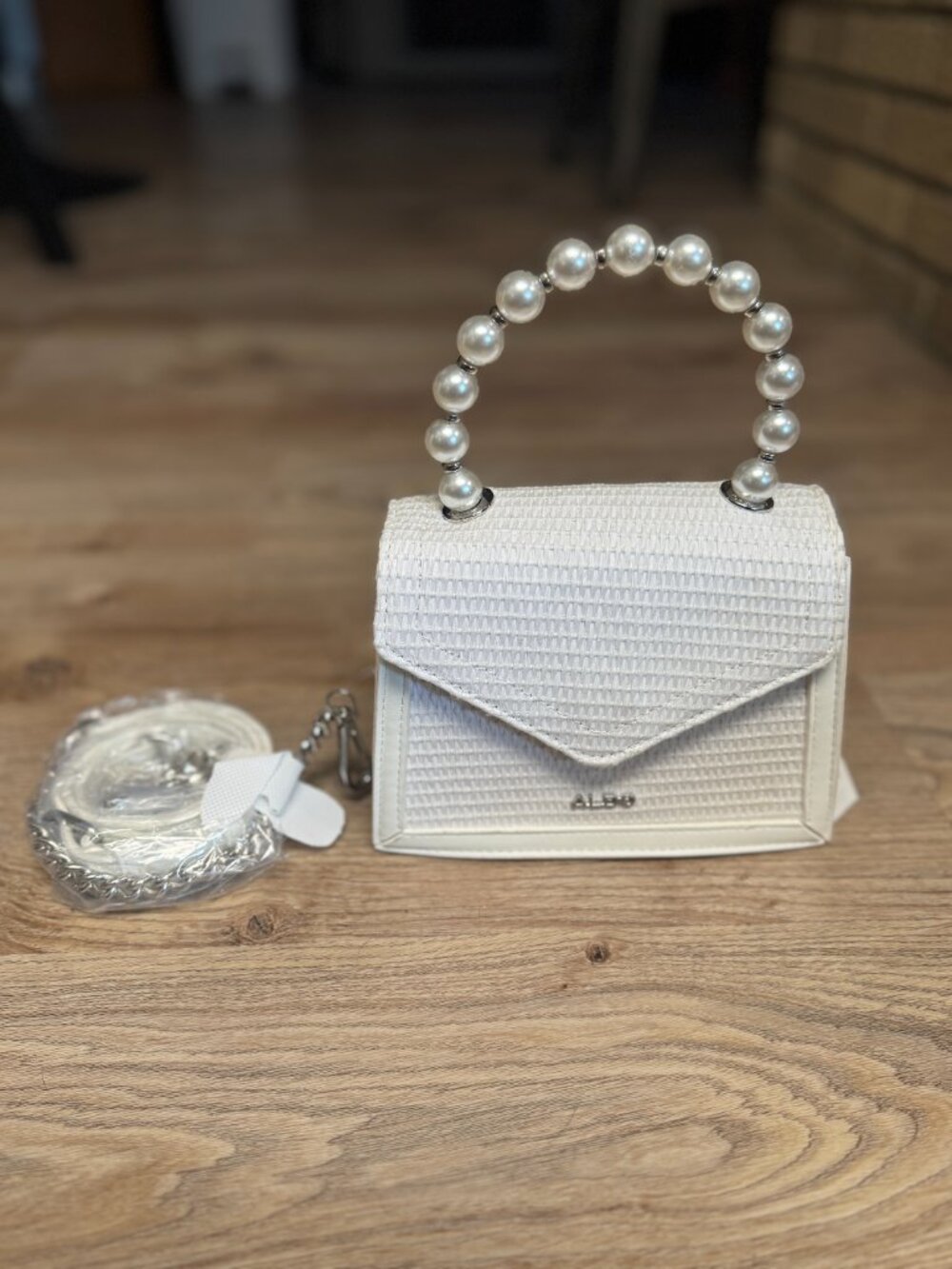 NEW w/ Tags Aldo Turgai White Woven Faux Pearl Handle Mini Crossbody Bag Purse
